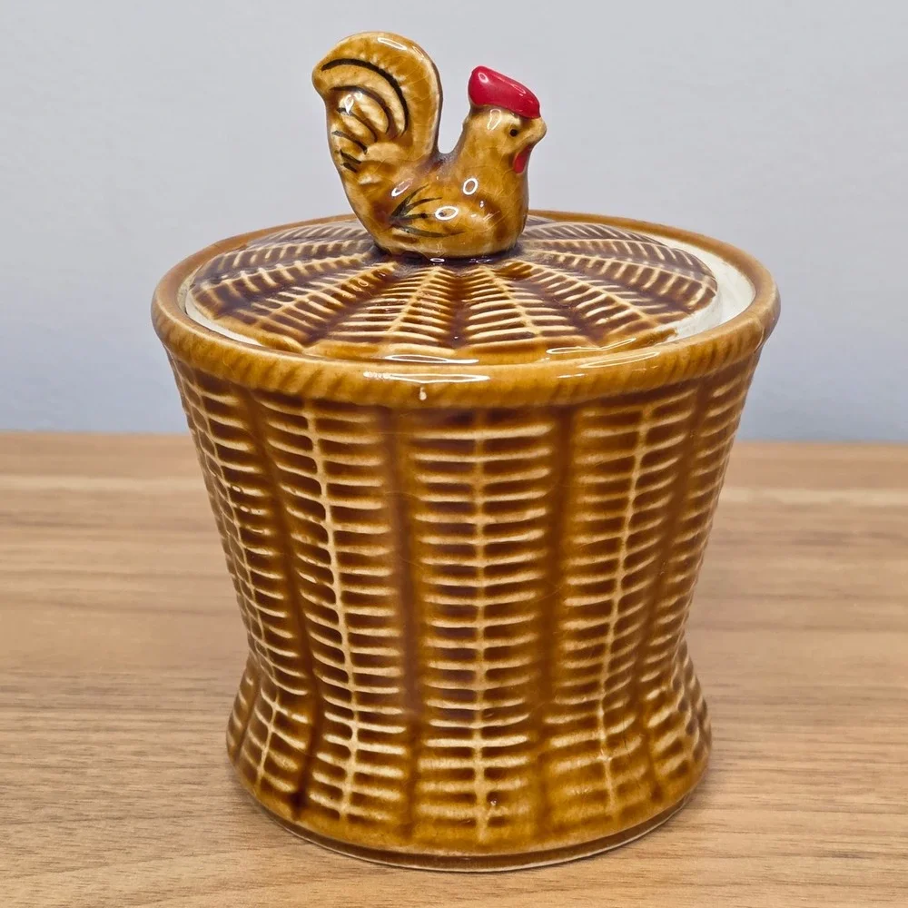 Vintage 1950s Rooster Jam Jar Basket Weave Wicker‎ Japan Brown Ceramic